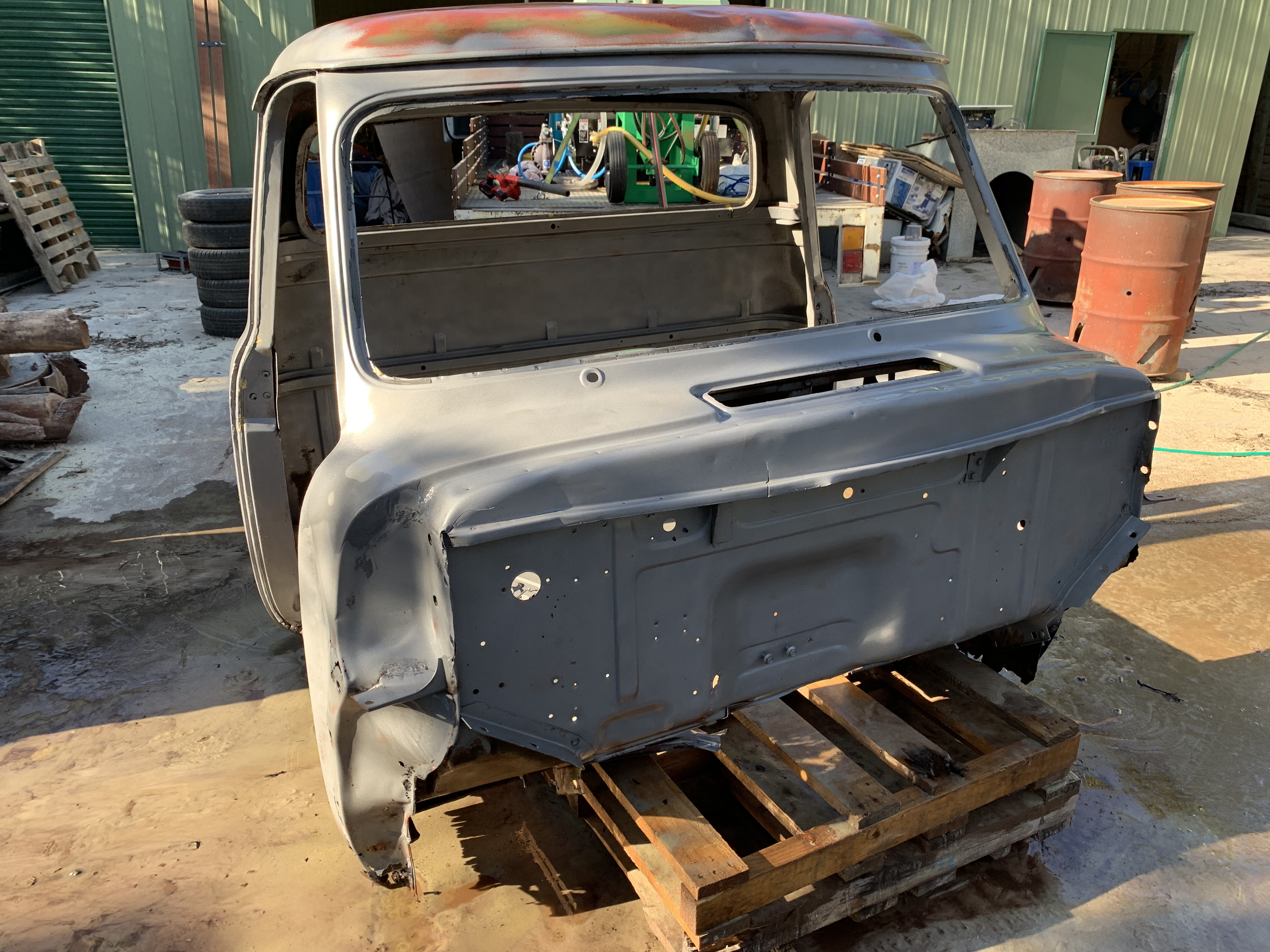 1955 Ford F600 fully stripped in the workshop