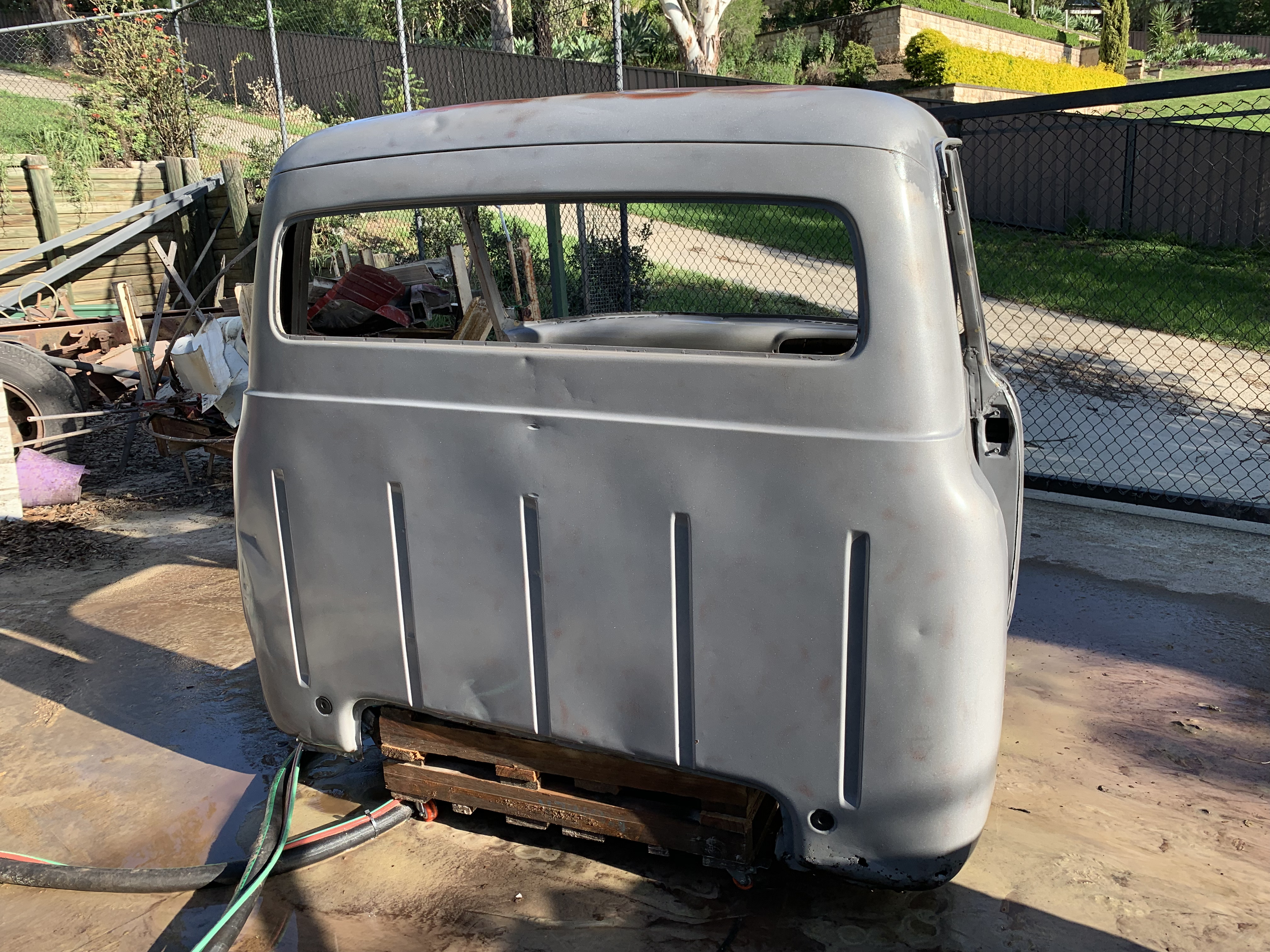 1955 Ford F600 after blasting — stripped to bare metal